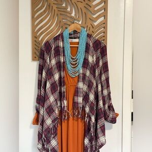 LORD & TAYLOR DESIGN LAB Women’s Red Plaid Fringe Open Front Poncho Size M